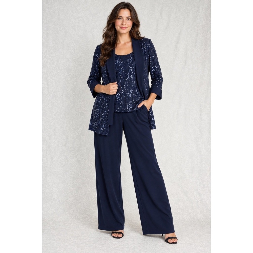 R&M Richards Womens 18W Navy Blue 3-Piece Pant Set Sequin Blazer Quiet Luxury